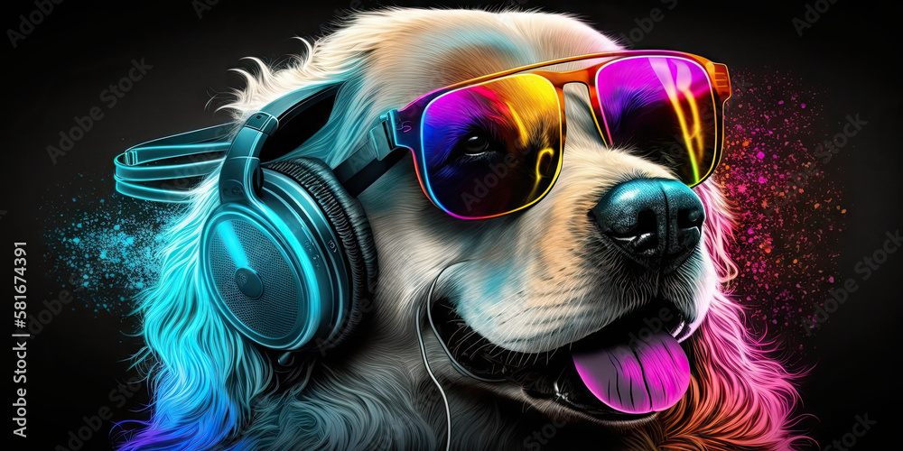 Cool neon party dj golden retriever dog in headphones and