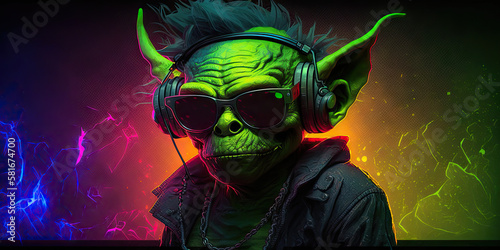 Cool neon party dj goblin in headphones and sunglasses, generative ai