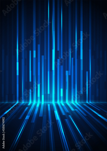 A bright blue beam moves down. Sparkling neon particles. Futuristic information flow. Data transfer. Digital technology concept. vector illustration © singora