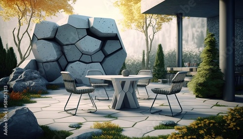 Modern stone terrace next to the garden with chairs and table for breakfast close to nature