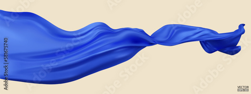 Flying blue silk textile fabric flag background. Smooth elegant blue Satin Isolated on beige Background for grand opening ceremony. Blue curtain. 3d vector illustration.