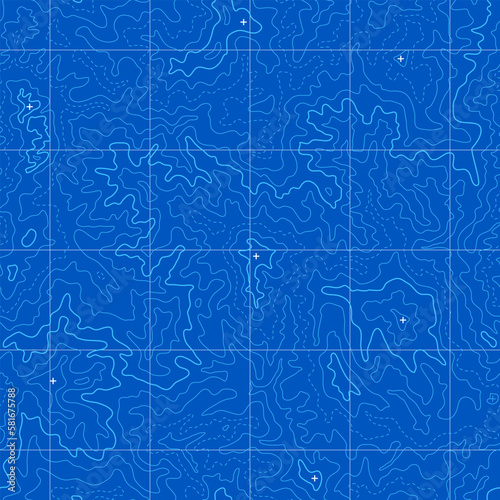 Sea depth topographic map contour in lines and contours. Topography tileable abstract map seamless pattern background with wavy lines and geographic grid vector illustration