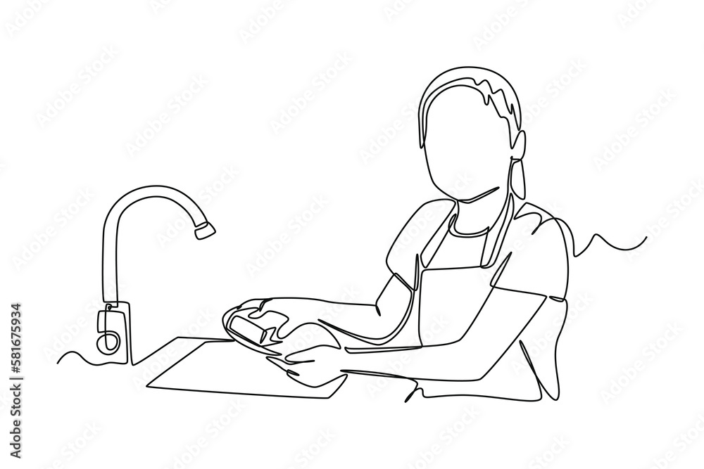 Continuous one-line drawing long-haired woman washing dishes. Kitchen activity concept Single line draw design graphic vector illustration Continuous one-line drawing long-haired woman washing dishes. Kitchen activity concept Single line draw design graphic vector illustration