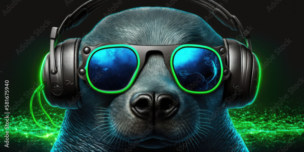 Cool neon party dj seal in headphones and sunglasses, generative ai