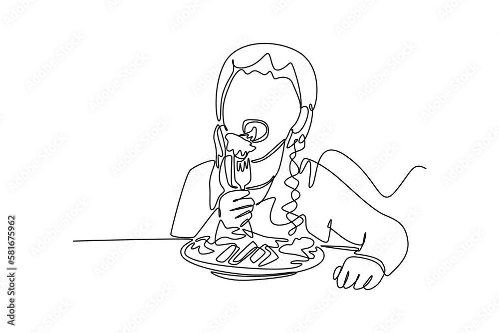 Continuous one-line drawing girls eat at the dining table. Kitchen activity concept Single line draw design graphic vector illustration Continuous one-line drawing girls eat at the dining table. Kitchen activity concept Single line draw design graphic vector illustration