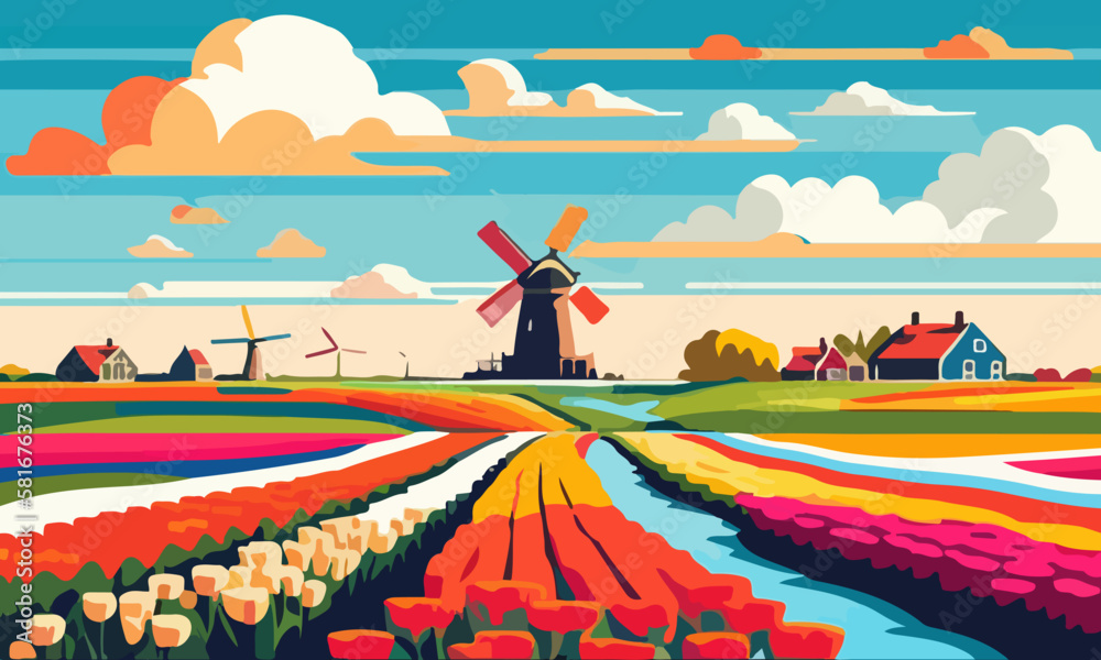 Vector illustration of a landscape with Dutch tulips and windmills. For design posters and greetings. - obrazy, fototapety, plakaty 