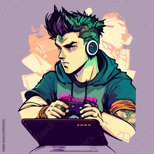 Vector image of a teenager playing a game. For stickers and your design