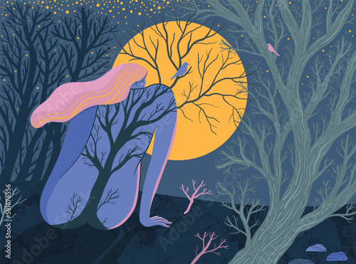 Vector illustration of a woman among the trees against the backdrop of the full moon. (ID: 581676556)