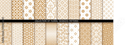 Geometric floral set of seamless patterns. White and gold vector backgrounds. Damask graphic ornaments