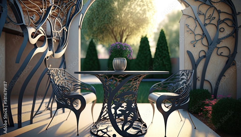 Modern wrought iron terrace next to the garden with chairs and table for the elegant breakfast Modern wrought iron terrace next to the garden with chairs and table for the elegant breakfast