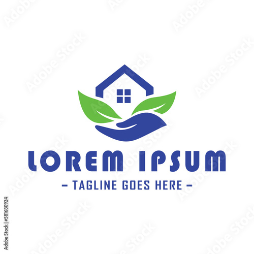 A unique and modern logo design featuring a stylized house and a hand holding a green leaf. The logo is perfect for businesses in the healthcare industry, including clinics and wellness centers.