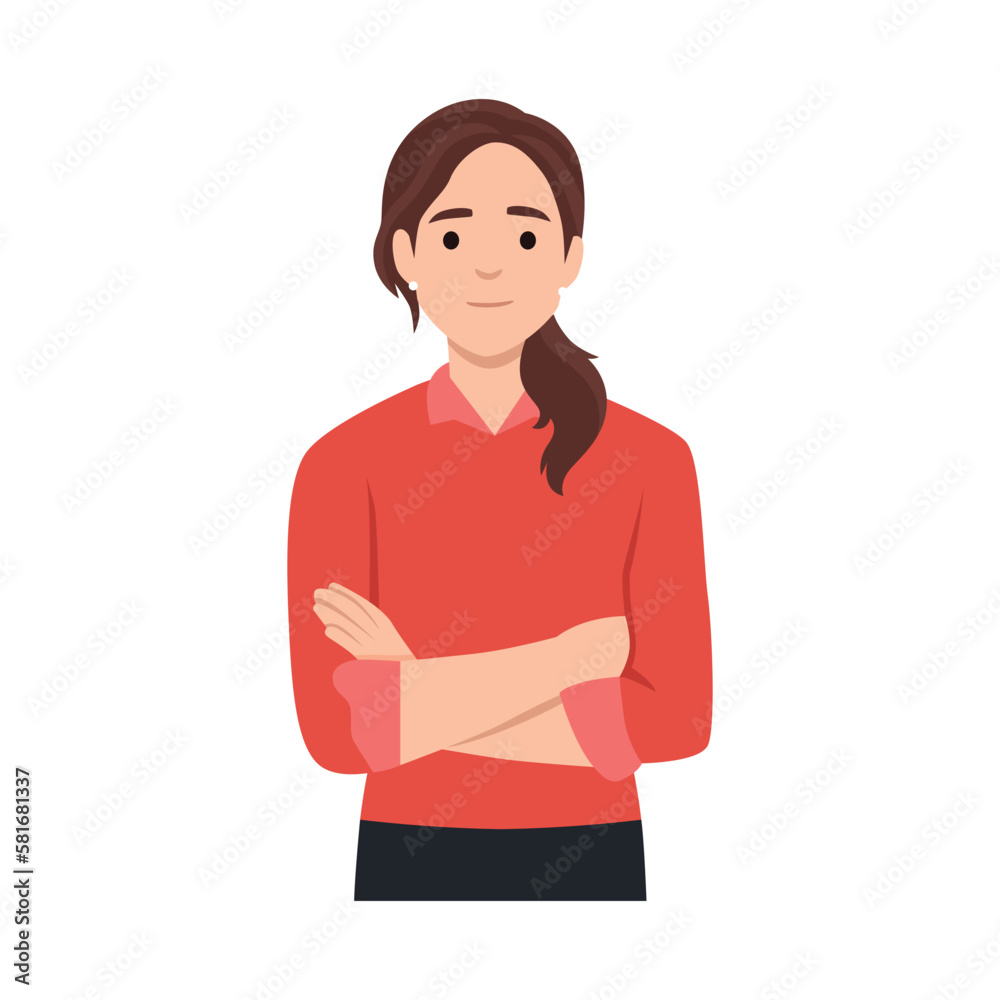 Confident and beautiful young woman in smart casual wear keeping arms crossed and smiling. Portrait of a young smiling woman. Flat vector illustration isolated on white background Confident and beautiful young woman in smart casual wear keeping arms crossed and smiling. Portrait of a young smiling woman. Flat vector illustration isolated on white background