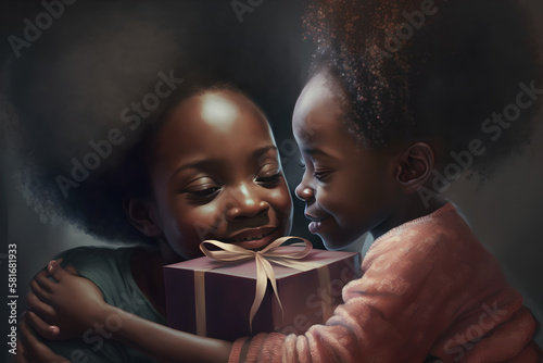 A young, small black african american girl getting a gift for ber birthday from her loving proud black mother, love and affection between mum and daughter photo