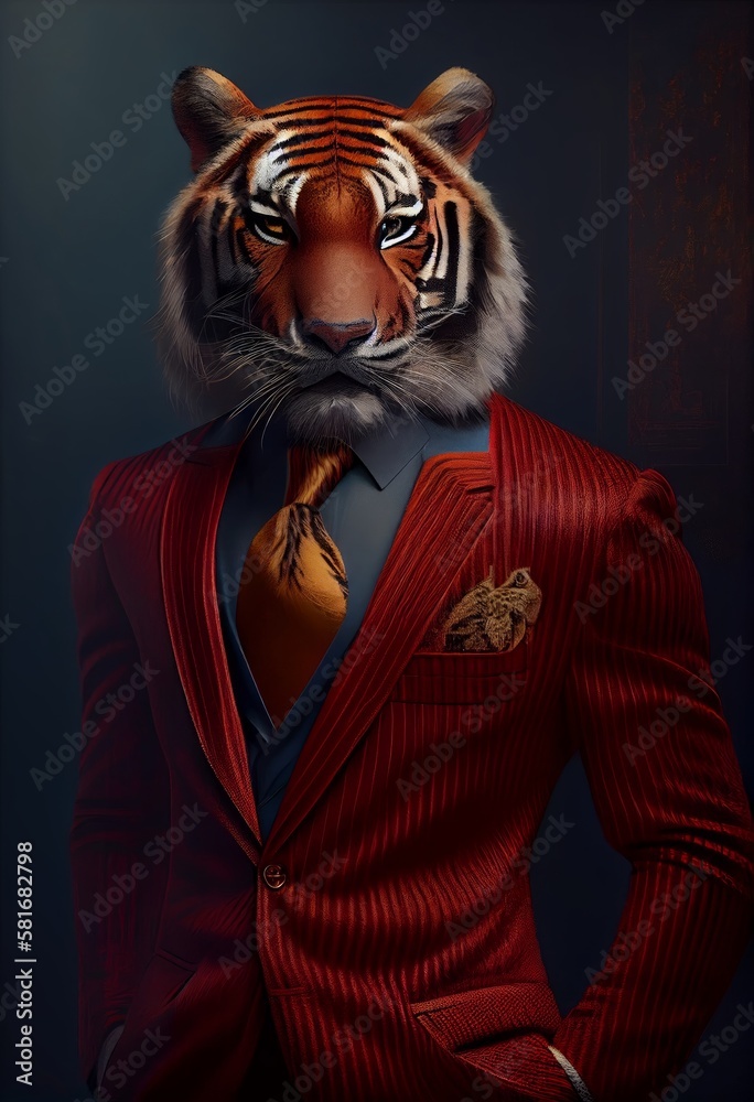 Portrait of a tiger in a red suit. Generative AI
