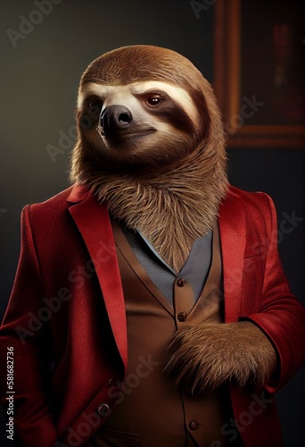 Fashionable portrait of a sloth in a red jacket. Generative AI