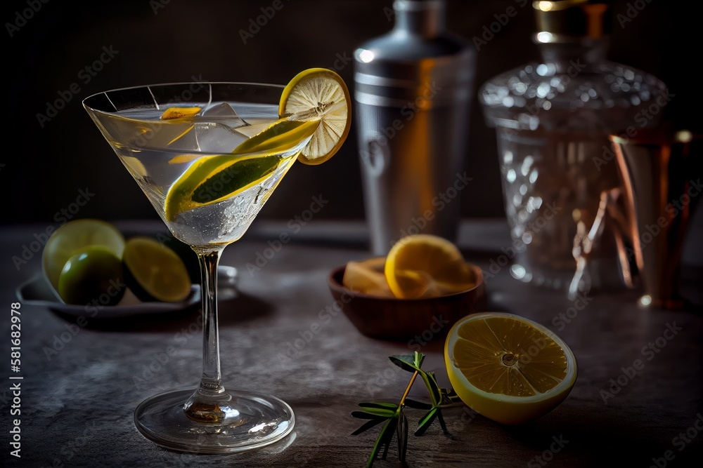 Cocktail with lemon and olives on a dark background. Generative AI
