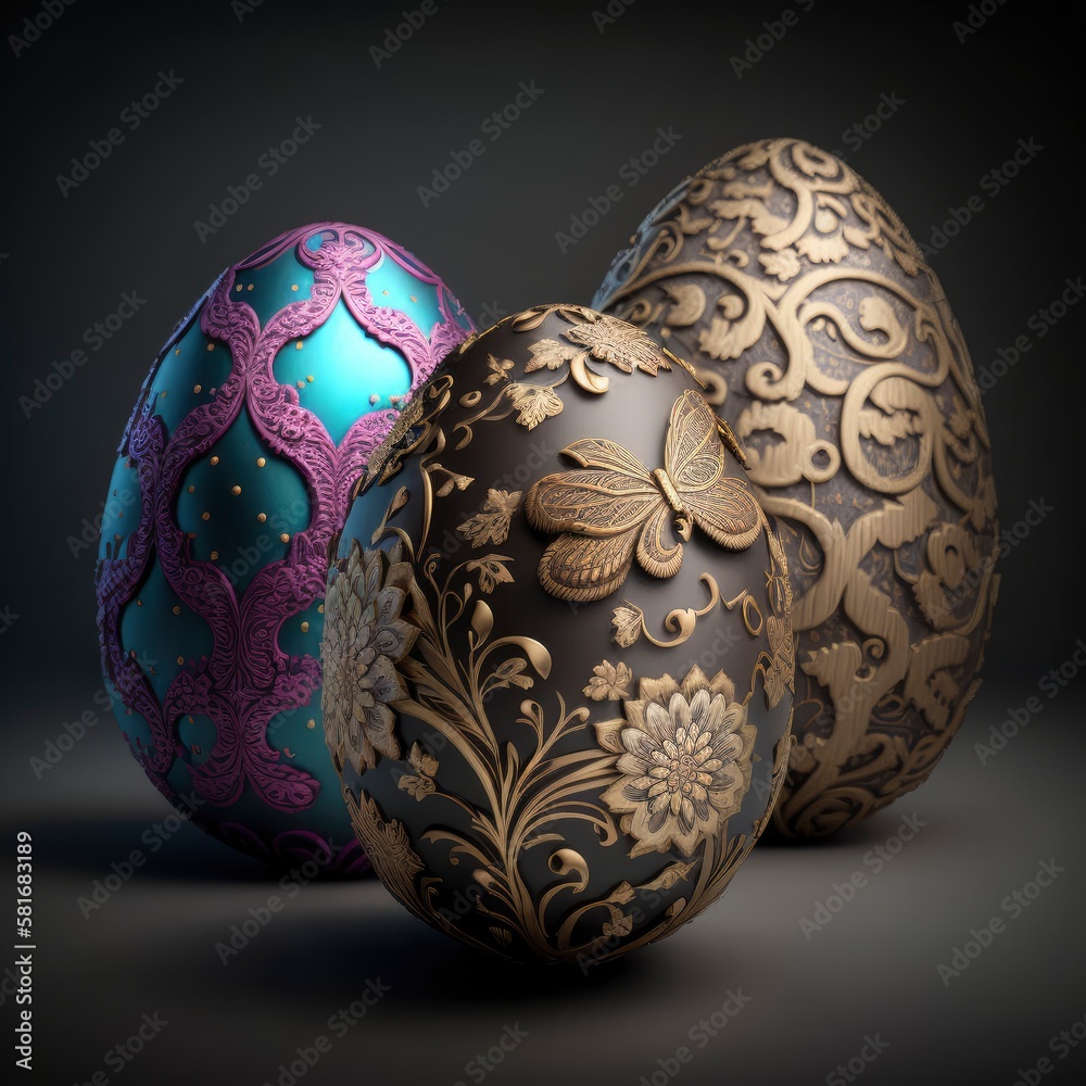 Three eggs with a gold and purple design on them. Three eggs with a gold and purple design on them.