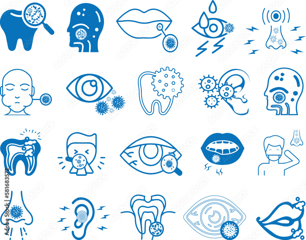 Infection icon set, 20 mouth infection icon set blue vector Infection icon set, 20 mouth infection icon set blue vector