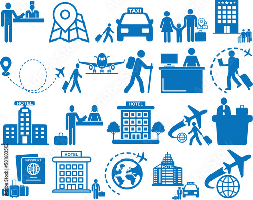 Hotel and travel icon, 20 tourist hotel icon set blue vector
