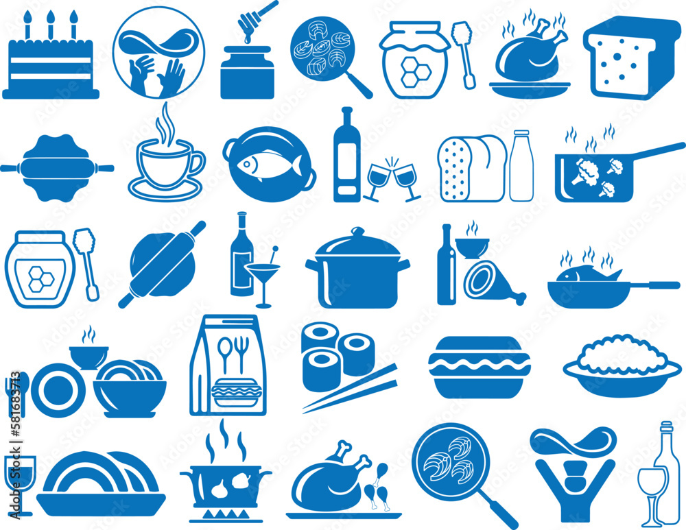 Food icon set, 30 different food icon set blue vector Food icon set, 30 different food icon set blue vector