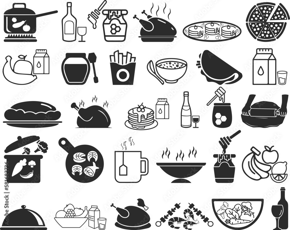 Food icon, fast food and healthy food icon set black vector