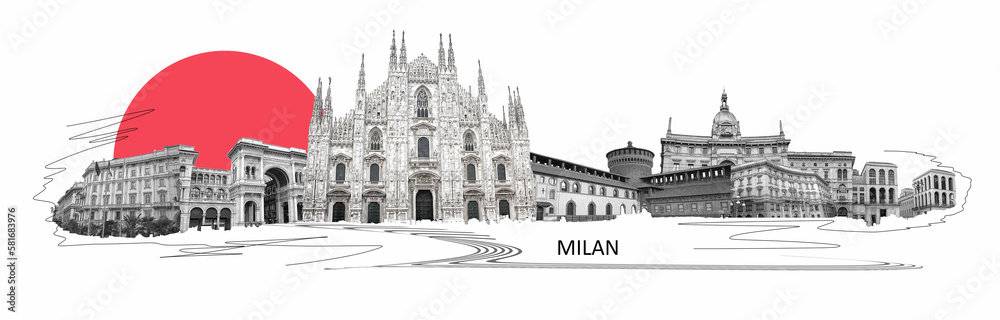 Photo collage from Milan, Italy. Collage includes major landmarks like the castle, cathedral. Art design concept