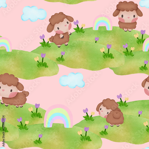 Cute sheep watercolor seamless pattern for print paper background textile fabric