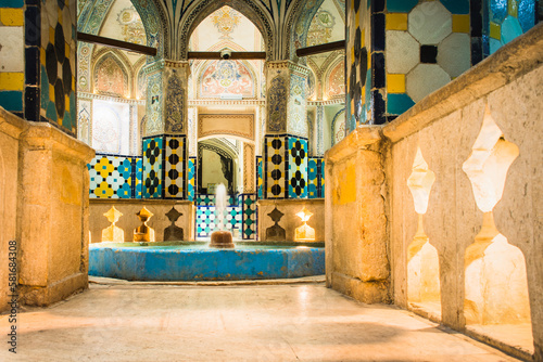 Kashan, Iran - 29th june, 2022: Interior and art in hot bathing hall (garmkhaneh) at Sultan Amir Ahmad Bathhouse. Persian public bathhouse. Kashan is a popular tourist destination