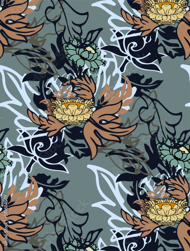 Seamless floral pattern with water lily on the blue background