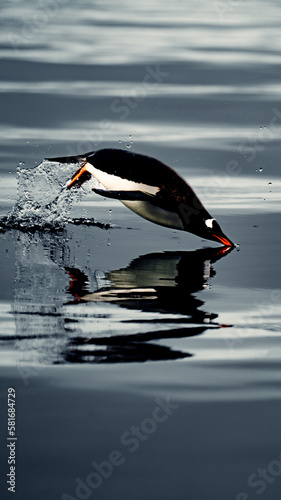 Gentoo Penguin Porpoising Out Of Water In Antarctica  Camera Captures Droplet Next To Beak  as it re-enters water