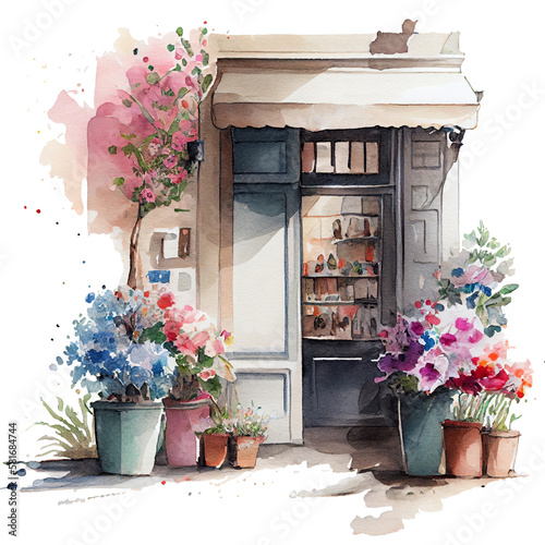 Fototapeta Naklejka Na Ścianę i Meble -  Provence shop entrance with awning and flowers in front, isolated watercolor illustration on transparent or white background, generative AI