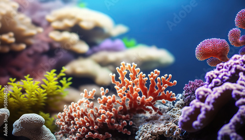 Beautiful underwater scene with coral reef ocean bottom background. Tropical marine nature backdrop. AI generative image.