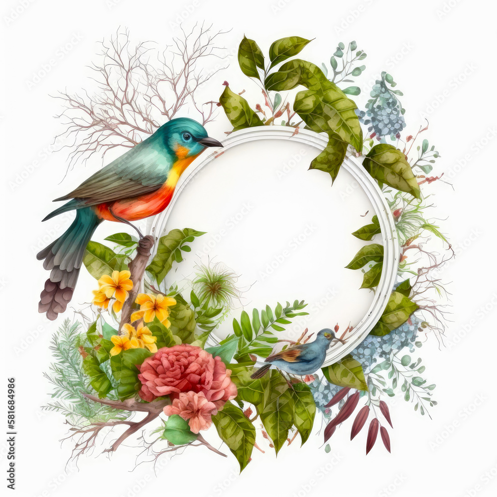 Creative layout, circle frame with bright small bird, gorgeous garden leaves and flowers on white background. Generative AI. Flat lay design. Nature concept.