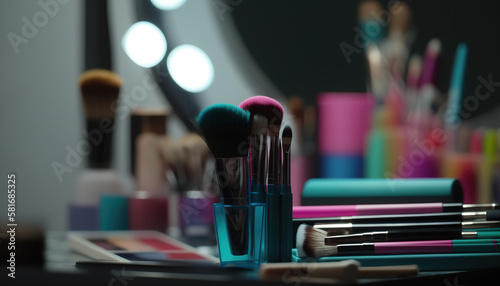 Abstract banner with make-up brushes and decorative cosmetic products on blurred background. Beauty industry advertisement flier template. AI generative image.