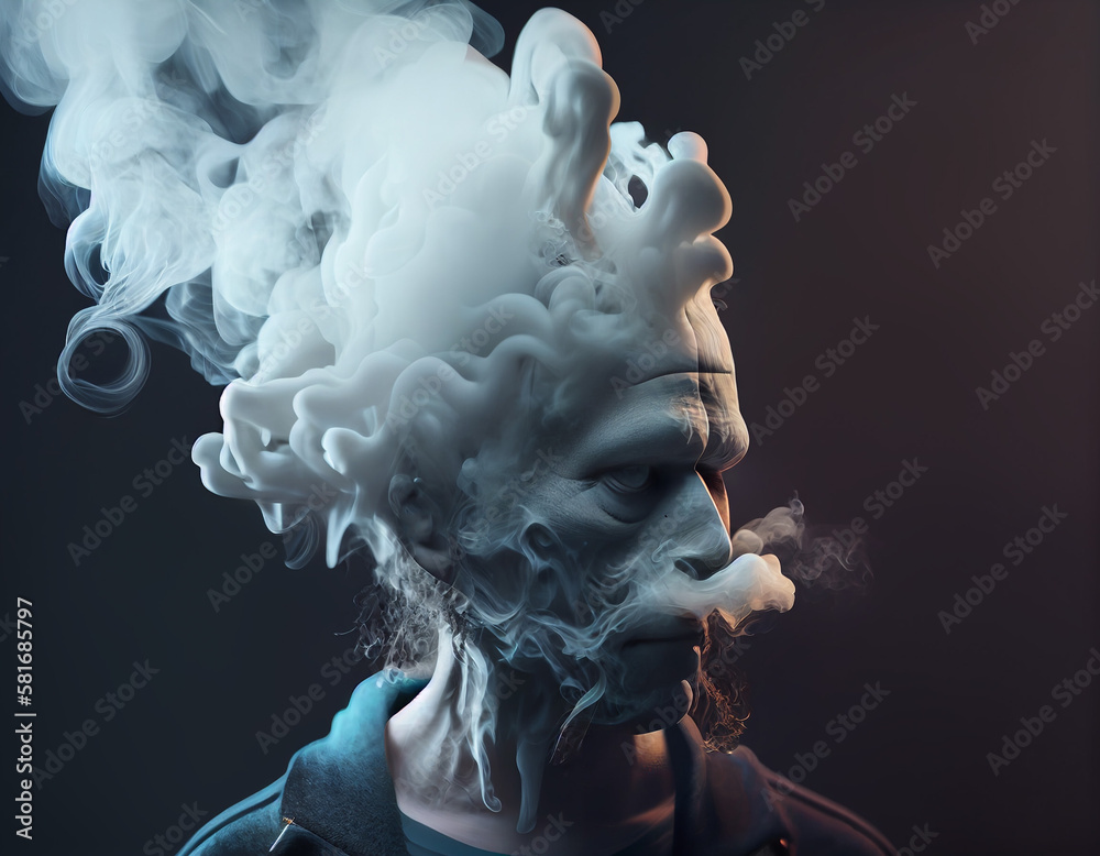 Smoke arises from head of ugly man. Concept and idea of danger of smoking, early aging or addiction of smoking. Smoke arises from head of ugly man. Concept and idea of danger of smoking, early aging or addiction of smoking.