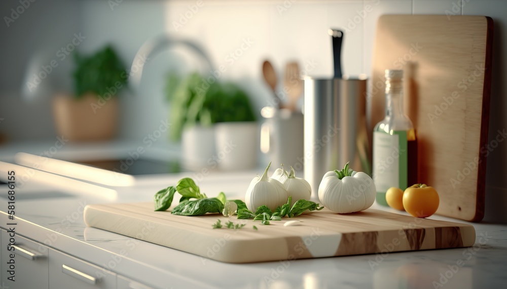 Close up chopping or cutting wooden board with vegetables on the table, day light kitchen interior, indoor background with copy space. AI generative images. Close up chopping or cutting wooden board with vegetables on the table, day light kitchen interior, indoor background with copy space. AI generative images.