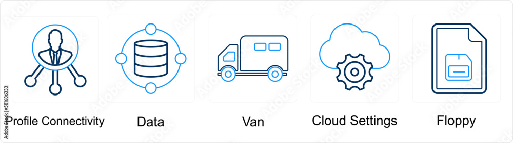 A set of 5 mix icons as profile connectivity, data, van A set of 5 mix icons as profile connectivity, data, van