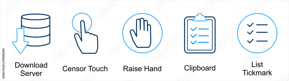 A set of 5 mix icons as download server, censor touch, raise hand A set of 5 mix icons as download server, censor touch, raise hand