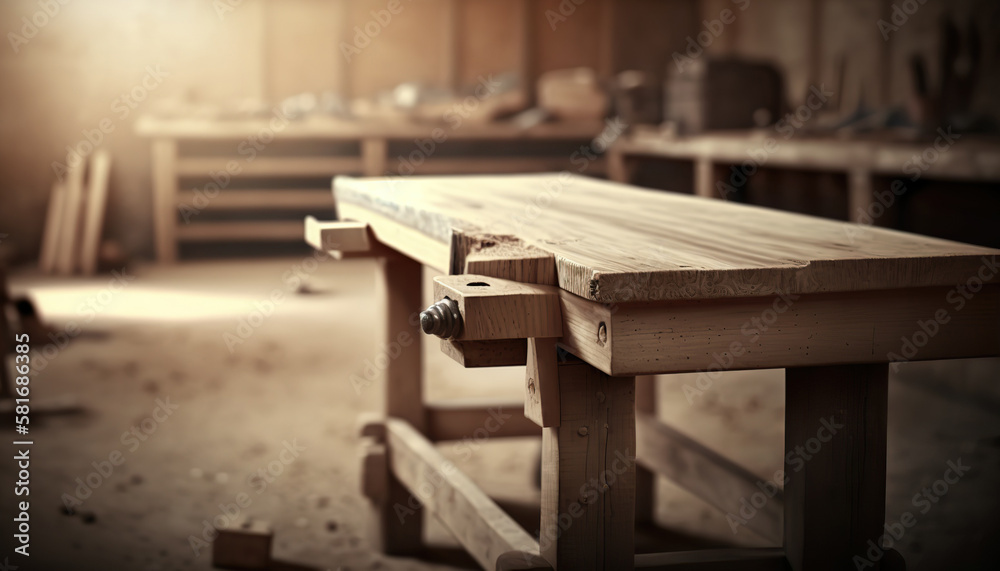 Abstract carpentry workshop with wooden table. Indoor background. AI generative image. Abstract carpentry workshop with wooden table. Indoor background. AI generative image.