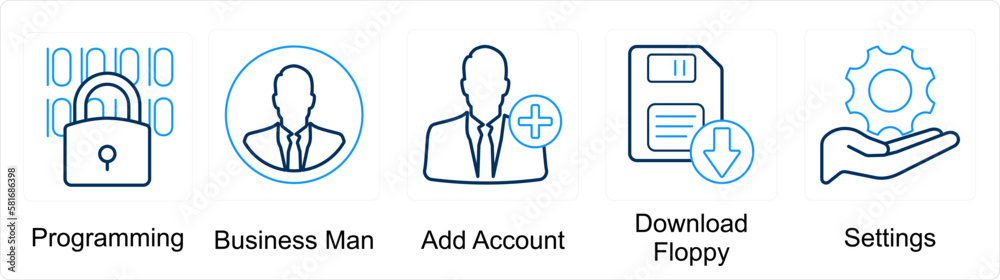 A set of 5 mix icons as programming, businessman, add account