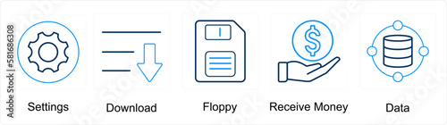 A set of 5 mix icons as settings, download, floppy, receive money