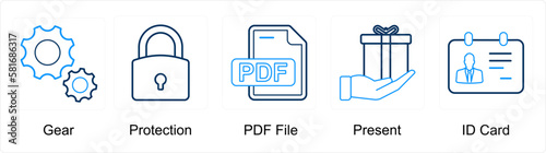 A set of 5 mix icons as gear, protection, pdf file