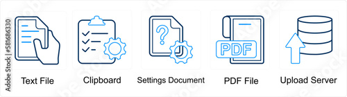A set of 5 mix icons as text file, clipboard, settings document, pdf file