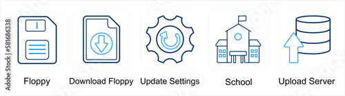 A set of 5 mix icons as floppy, download floppy, update settings