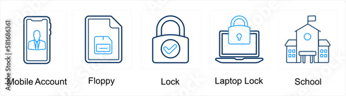 A set of 5 mix icons as mobile account, floppy