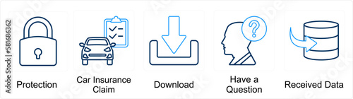 A set of 5 mix icons as protection, car insurance claim, download