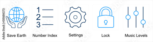 A set of 5 mix icons as save earth, number index, settings