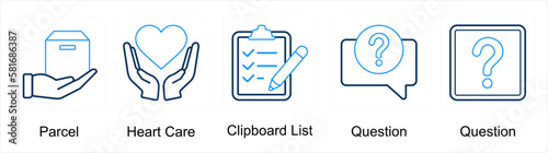 A set of 5 mix icons as parcel, heart care, clipboard list, question