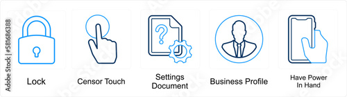 A set of 5 mix icons as lock, censor touch, settings document