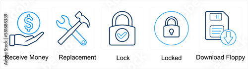 A set of 5 mix icons as receive money, replacement, lock